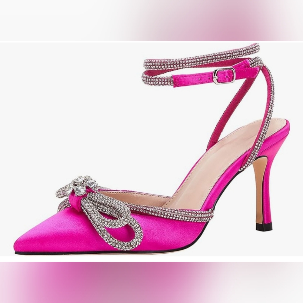 Hot Pink Double Bow Pointed Toe Ankle Strap Crystal Pumps- Size 8.5 NWOT - Picture 2 of 6